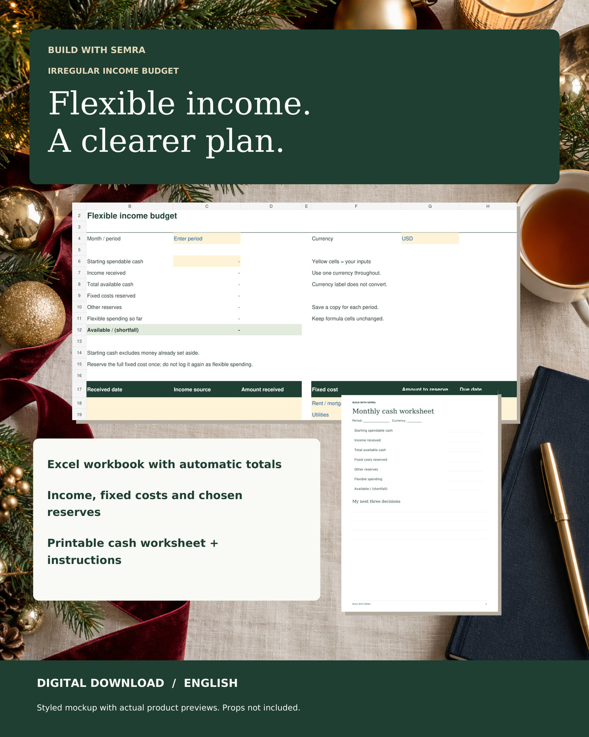 Irregular Income Budget Spreadsheet for Excel – Monthly Cash Planner + Printable Worksheet