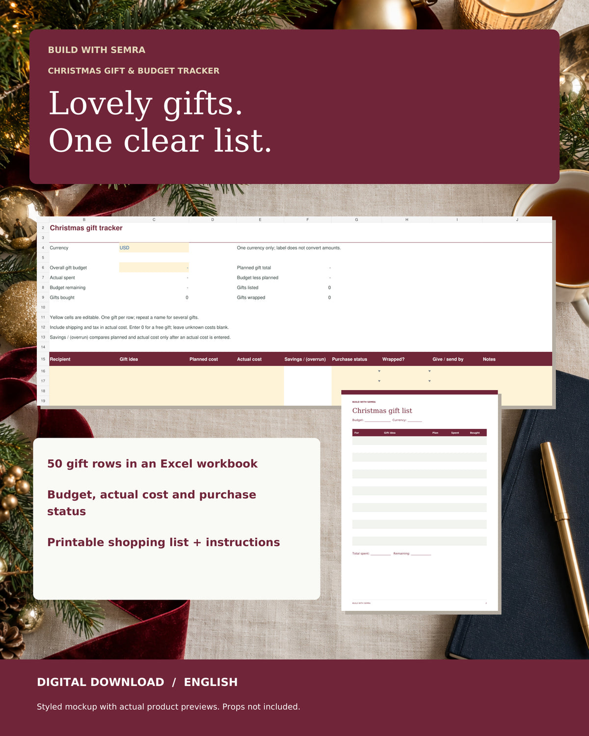 Christmas Gift Budget Tracker for Excel – 50 Gifts + Printable Shopping List