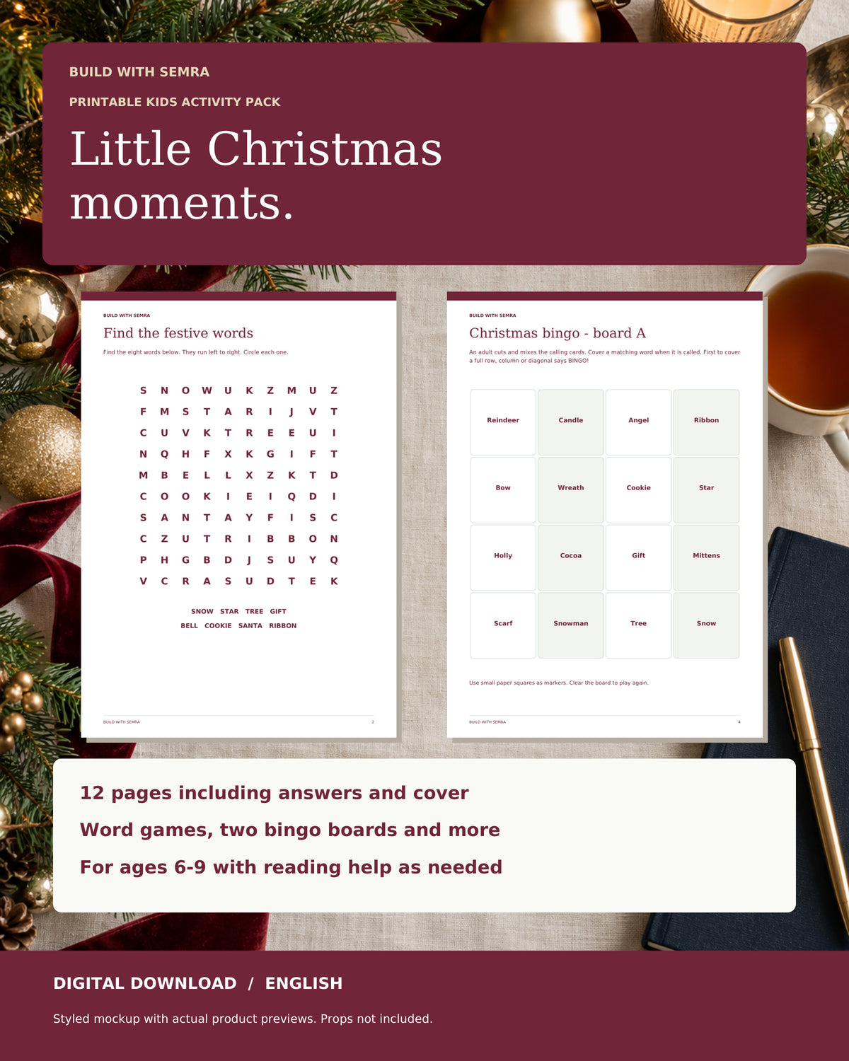 Christmas Kids Activity Pack – Printable Games for Ages 6-9