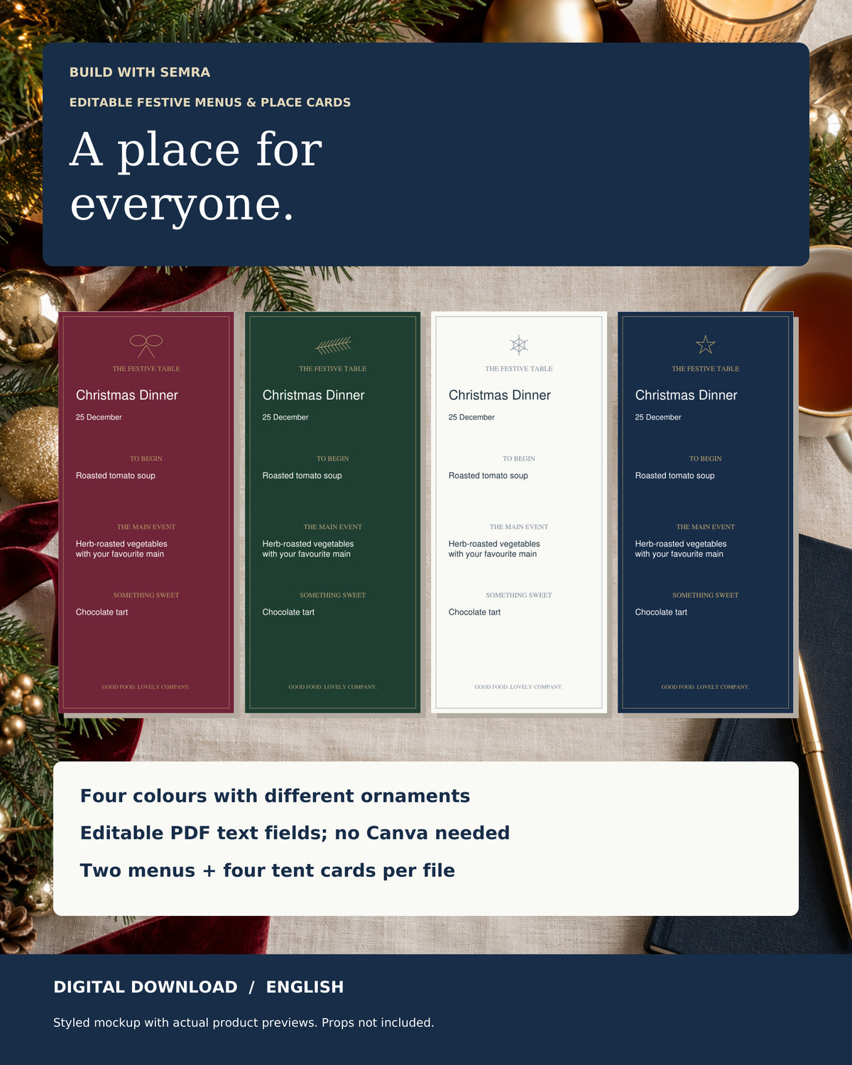 Editable Christmas Menu & Place Cards – 4 Colour Styles