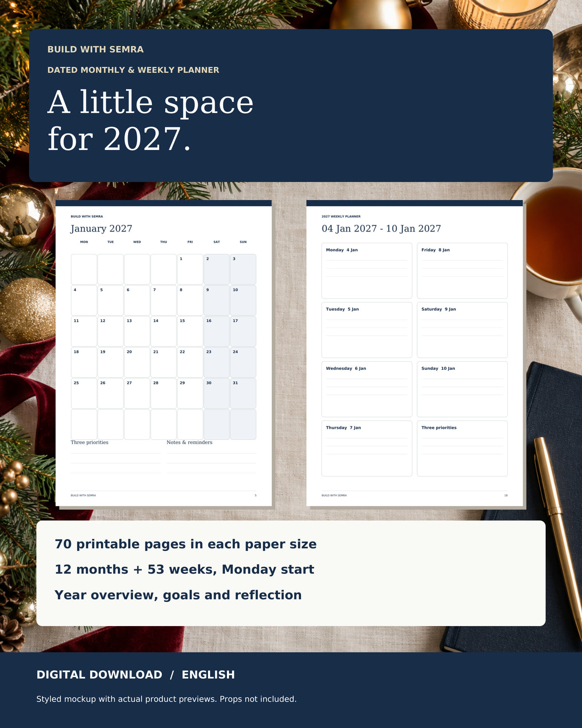 Simple 2027 Printable Planner – Monthly & Weekly, Monday Start