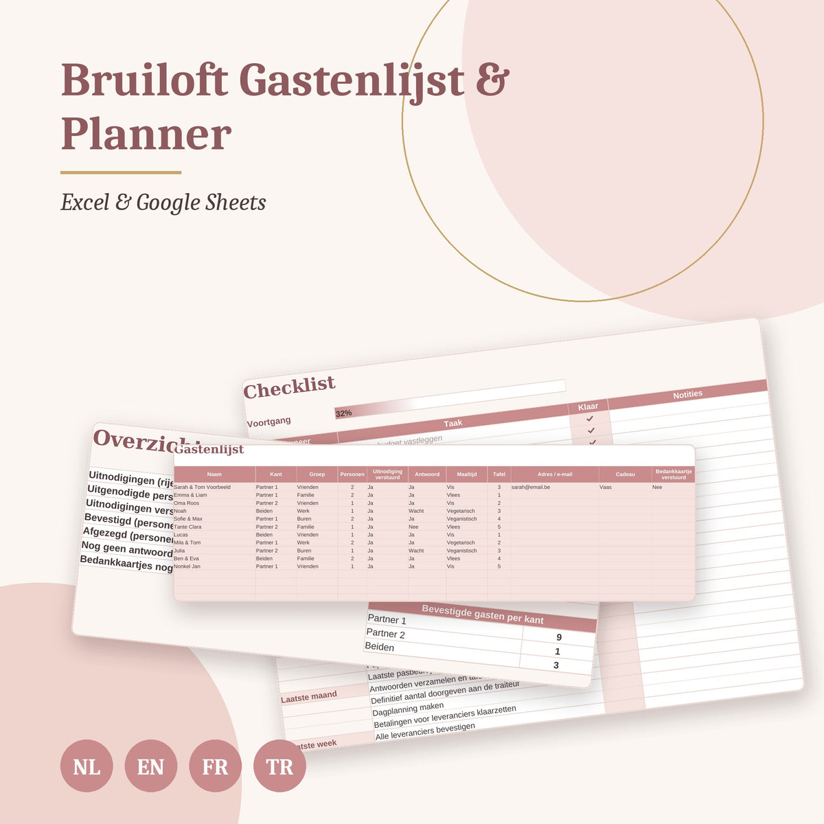 Bruiloft Gastenlijst & Planner — Nederlands, English, Français & Türkçe
