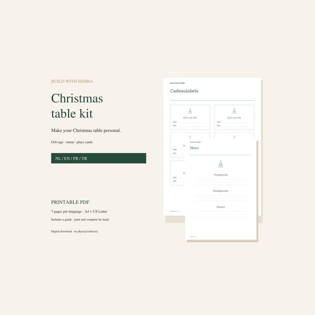 Christmas Table Print Kit — Nederlands, English, Français & Türkçe
