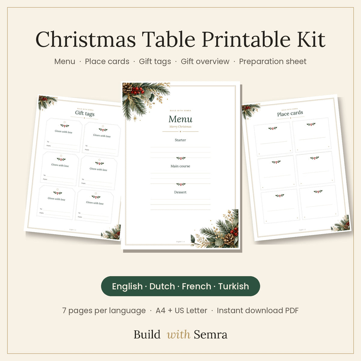 Christmas Table Print Kit — Nederlands, English, Français & Türkçe