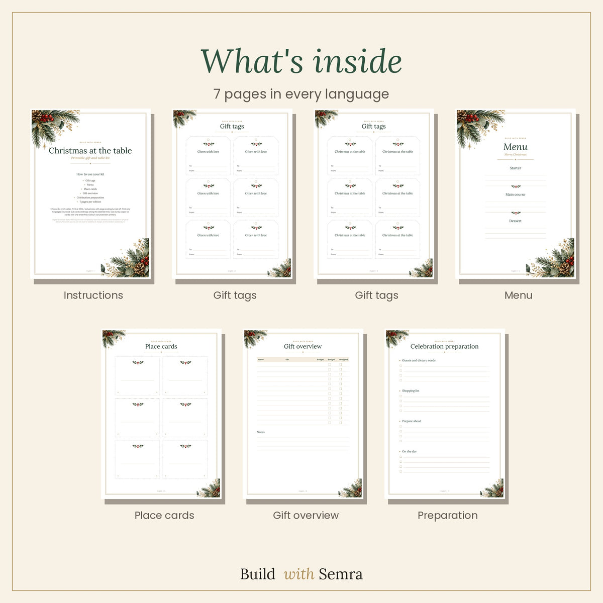 Christmas Table Print Kit — Nederlands, English, Français & Türkçe