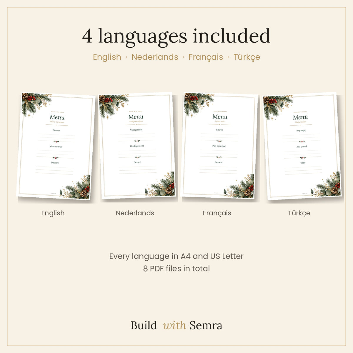 Christmas Table Print Kit — Nederlands, English, Français & Türkçe