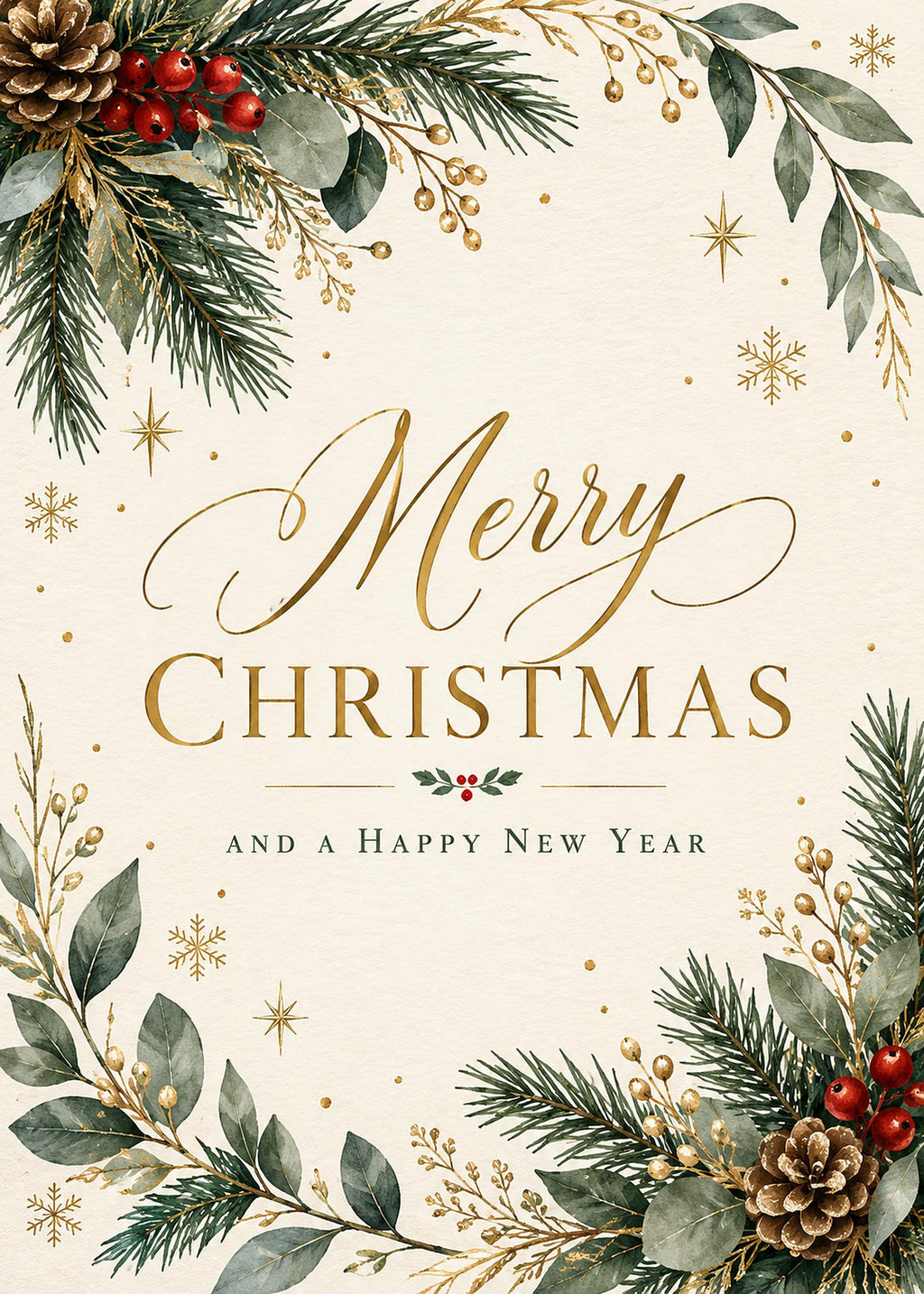 Printable Christmas Card Set, 9 Gold and Green Designs, New Year 2027, 5x7 and A6