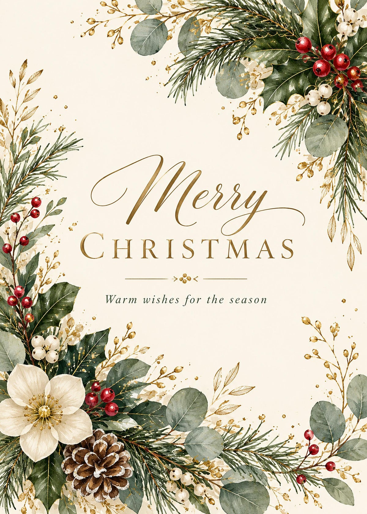 Printable Christmas Card Set, 9 Gold and Green Designs, New Year 2027, 5x7 and A6