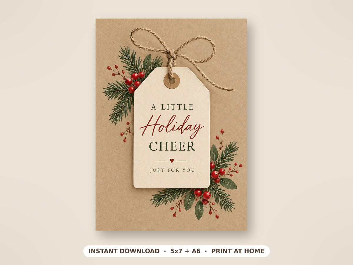Printable Holiday Cheer Card, Rustic Gift Tag Design, 5x7 and A6