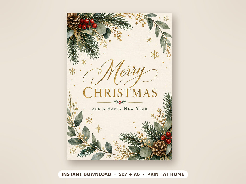 Printable Merry Christmas Card, Greenery and Gold, 5x7 and A6, JPG and PDF