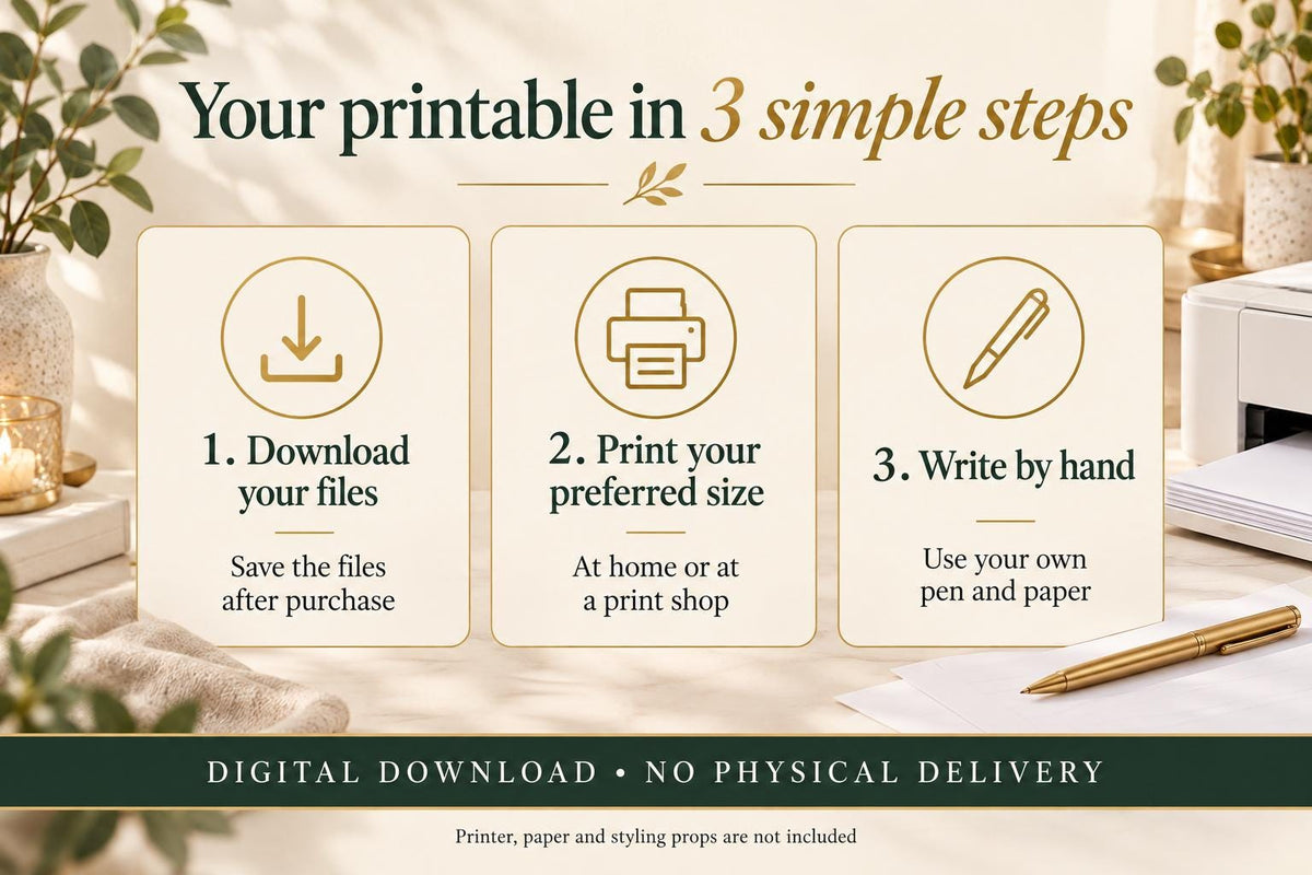 Printable Merry Christmas Card, Greenery and Gold, 5x7 and A6, JPG and PDF