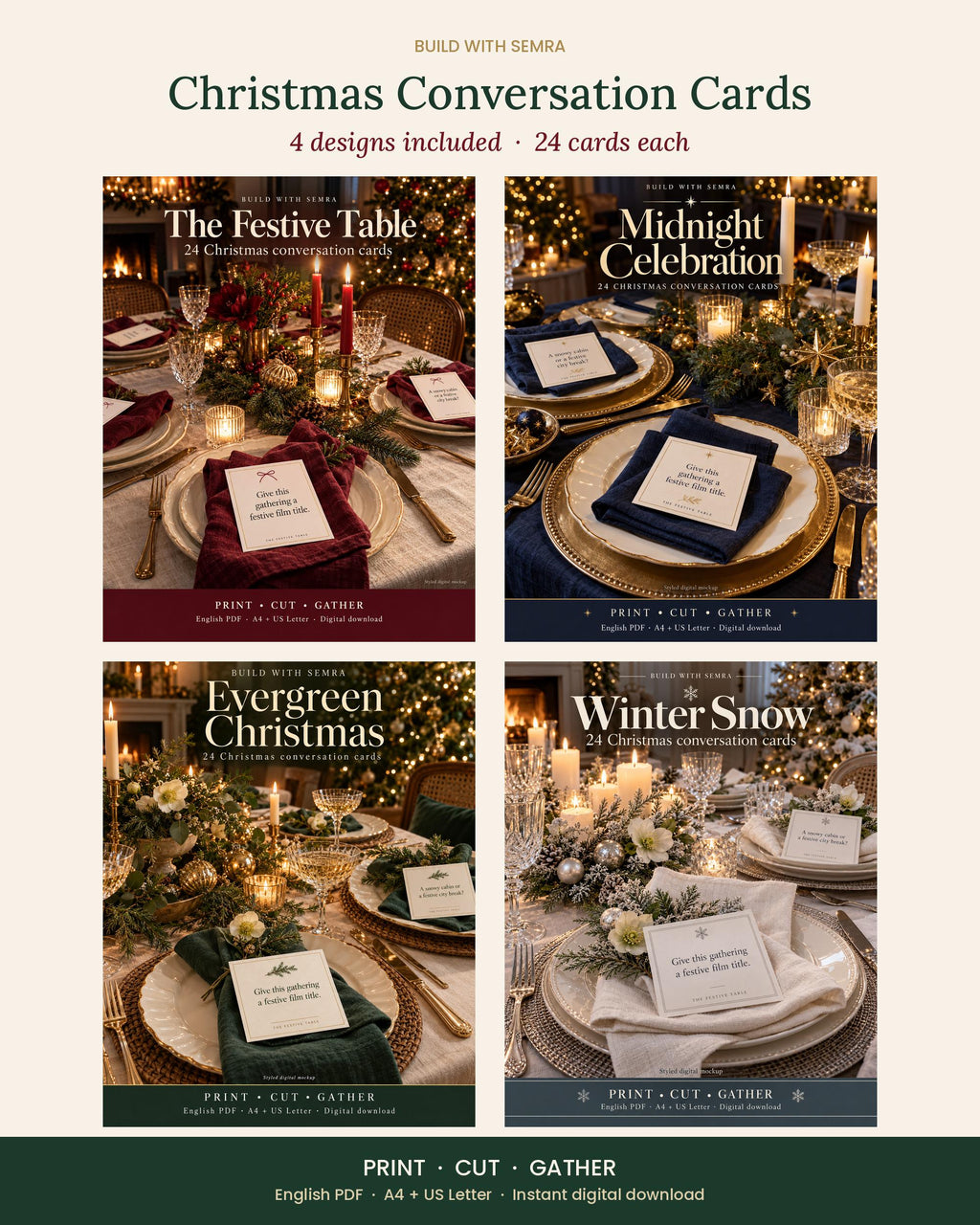 Christmas Conversation Cards, 4 Designs, 24 Printable Dinner Table Questions, Friendsmas Game, A4 and US Letter PDF