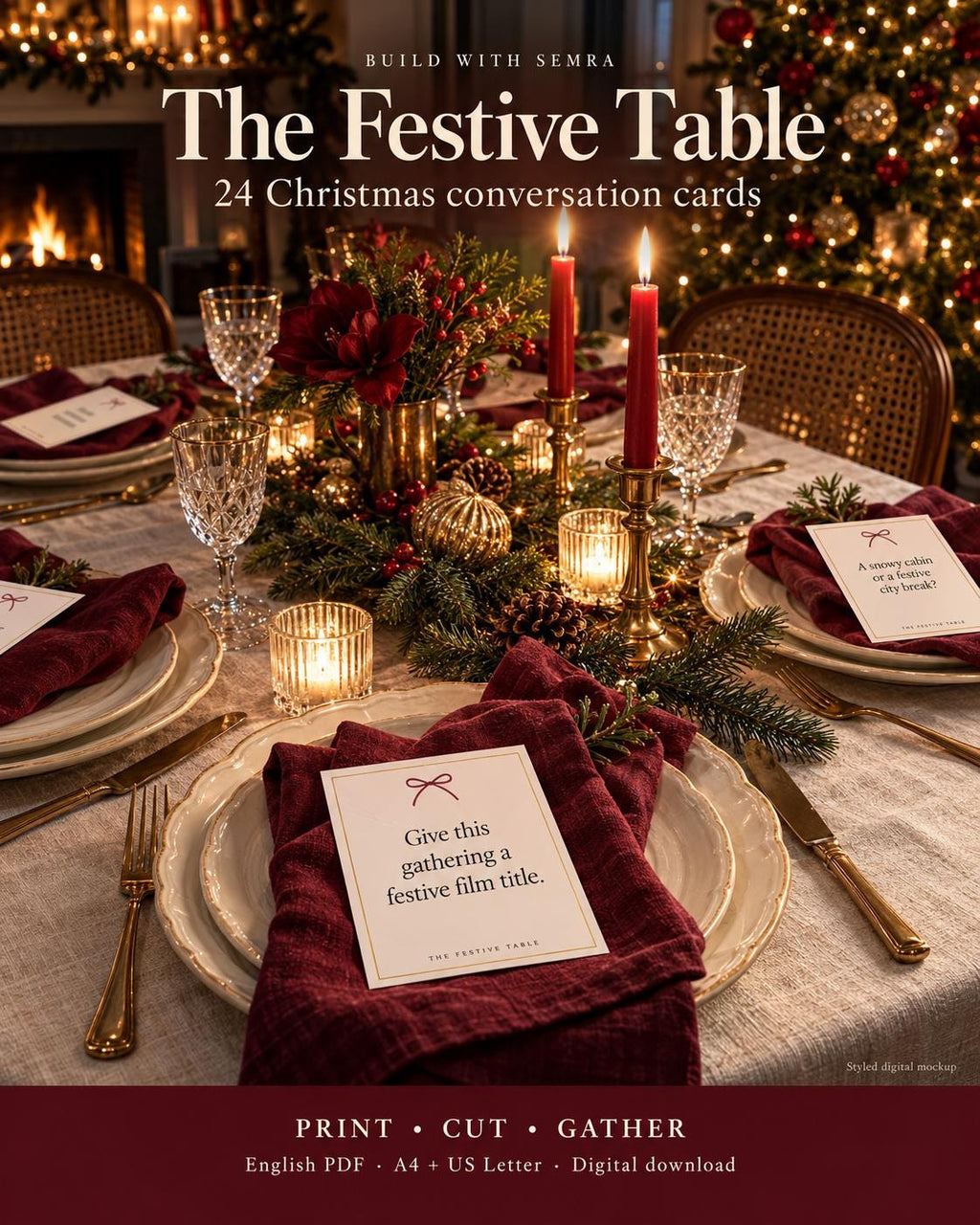 Christmas Conversation Cards, 4 Designs, 24 Printable Dinner Table Questions, Friendsmas Game, A4 and US Letter PDF