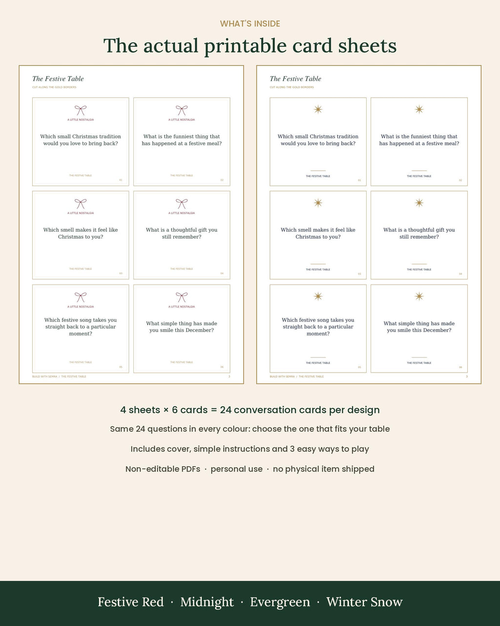 Christmas Conversation Cards, 4 Designs, 24 Printable Dinner Table Questions, Friendsmas Game, A4 and US Letter PDF