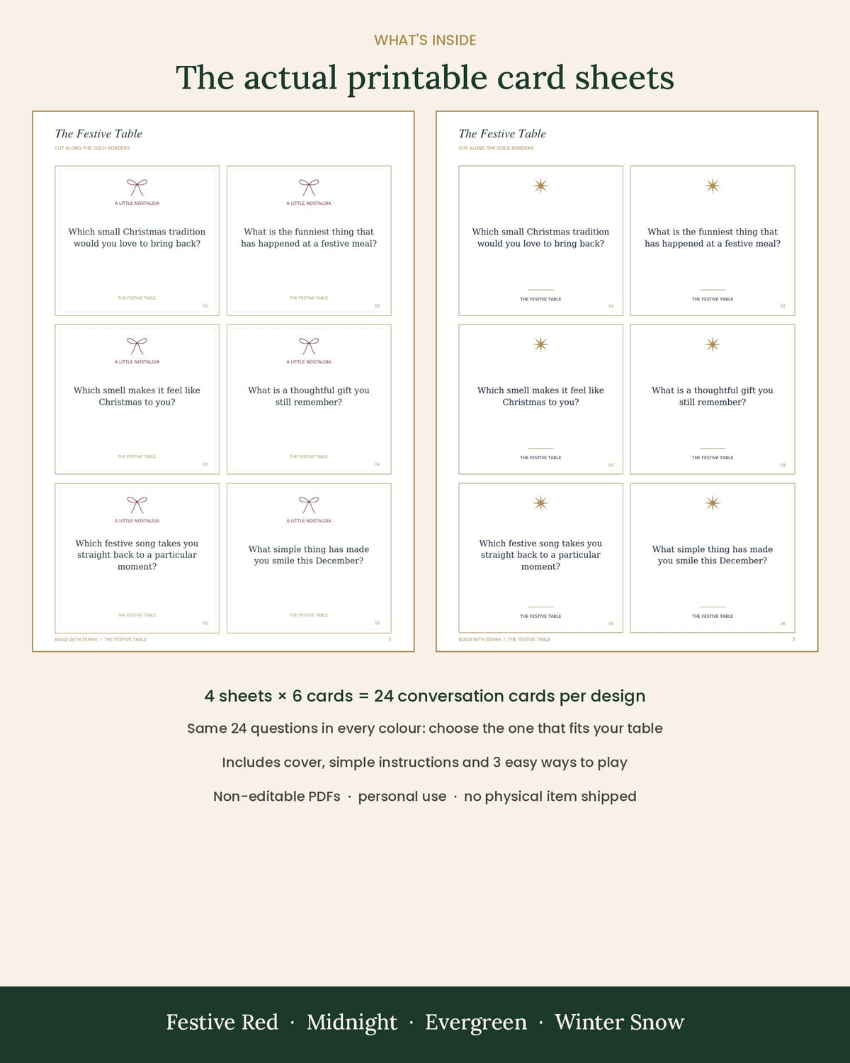 Christmas Conversation Cards, 4 Designs, 24 Printable Dinner Table Questions, Friendsmas Game, A4 and US Letter PDF